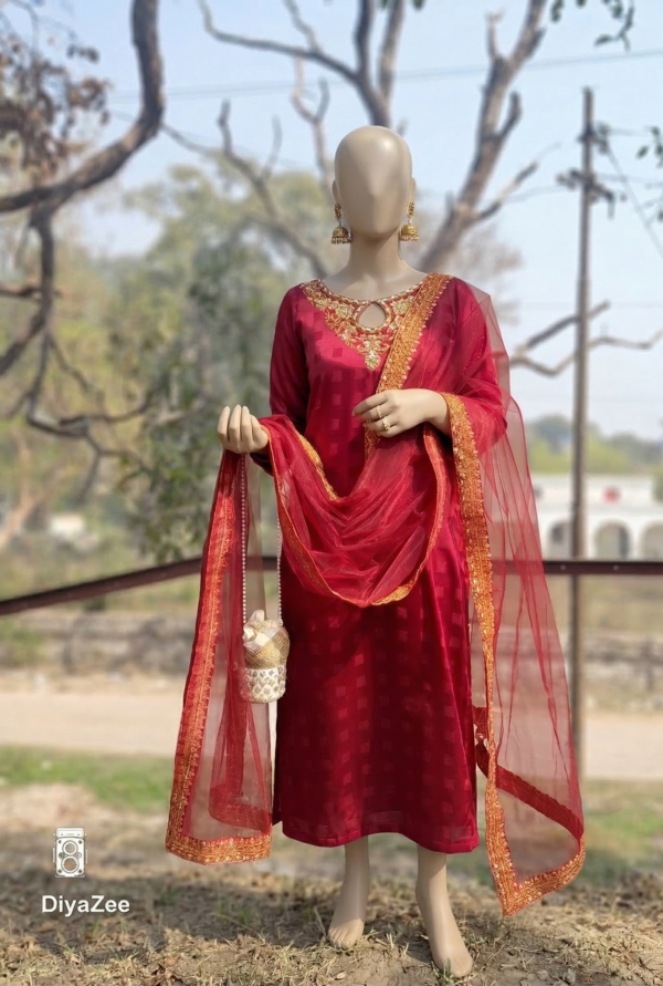 Maroon Embroidered Silk Suit