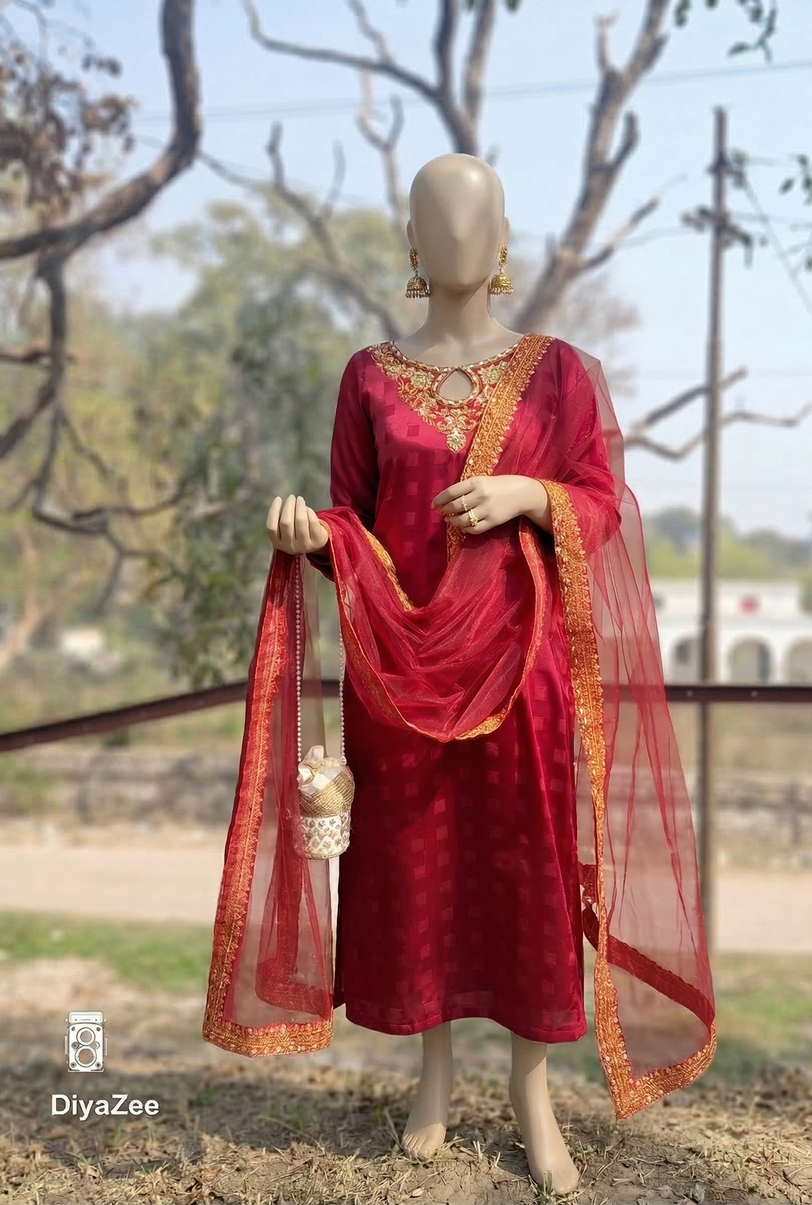 Maroon Embroidered Silk Suit