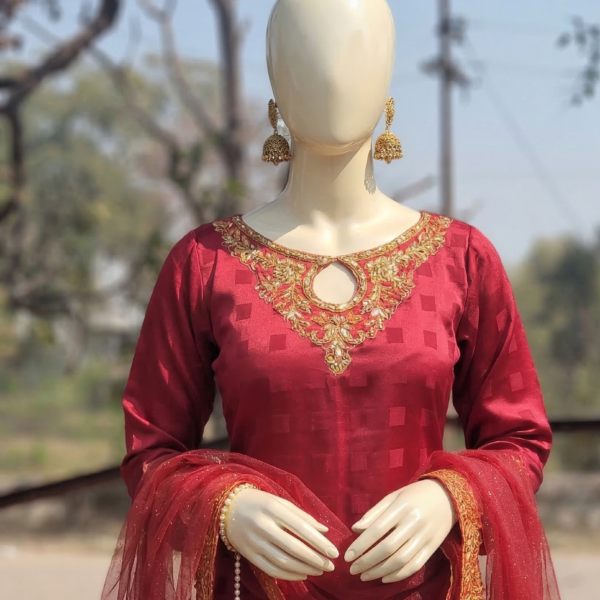 Maroon Embroidered Silk Suit
